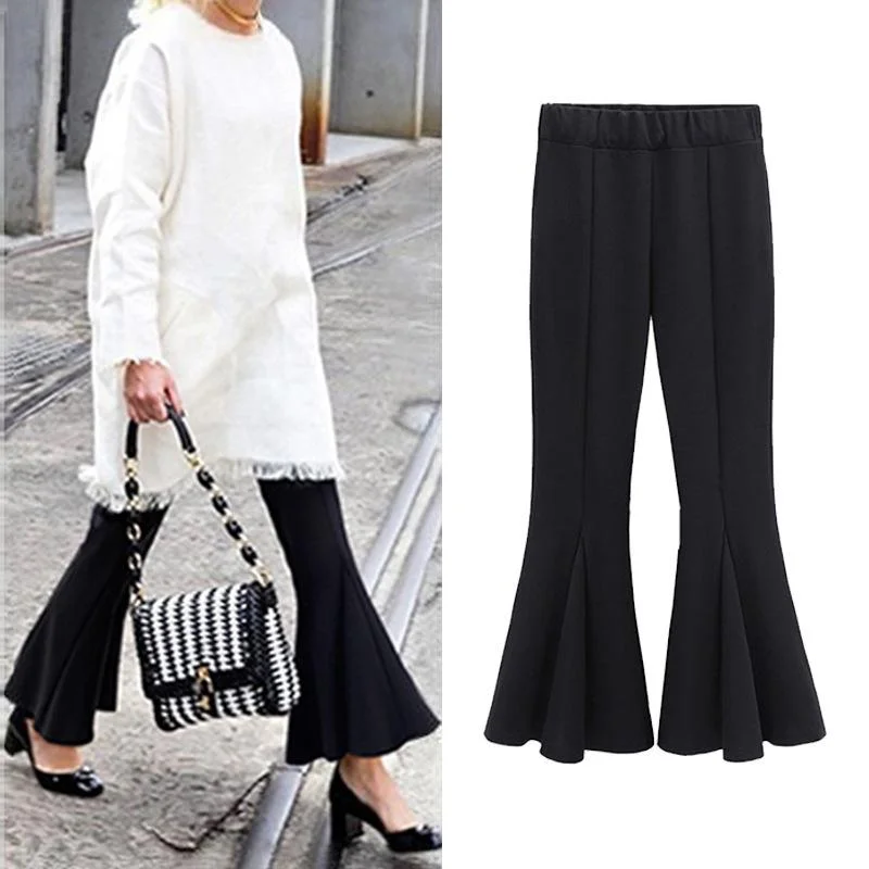 women's high-slung pantsFashionSierra - Women's black elastic high waist bell bottom cropped pants