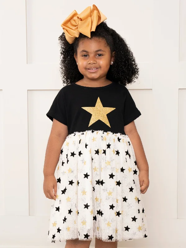 women's neon dressesBlack & Gold Glitter Stars Tulle Dress