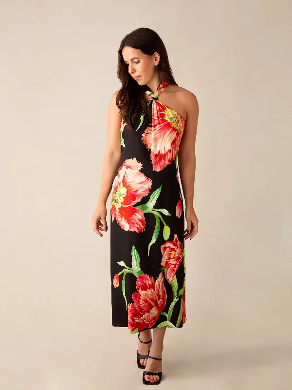 women's retro dressesPetite Lyra Black Floral Halterneck Dress