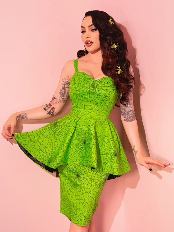 women's halter dressesGlamour Girl Peplum Dress in Slime Green and Black Spiderweb - Vixen by Micheline Pitt