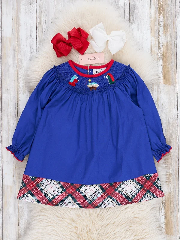 women's mother of the bride dressesRoyal Blue & Red Plaid Smocked Nativity Dress