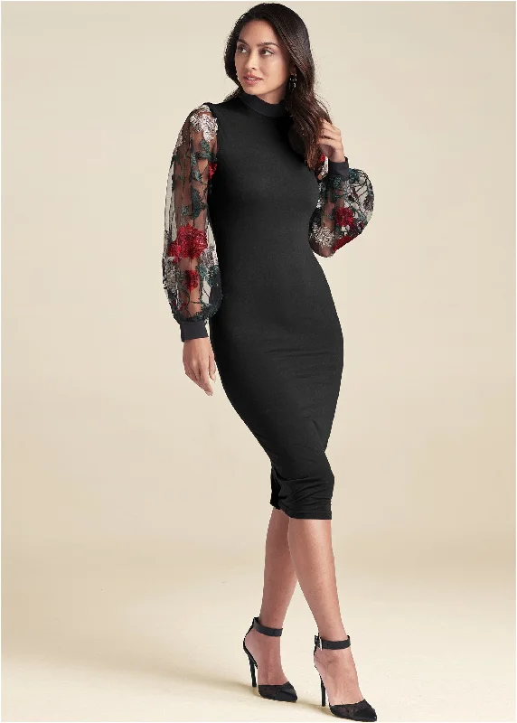 women's minimalist dressesEmbroidered Floral Puff Sleeve Dress  - Black Multi