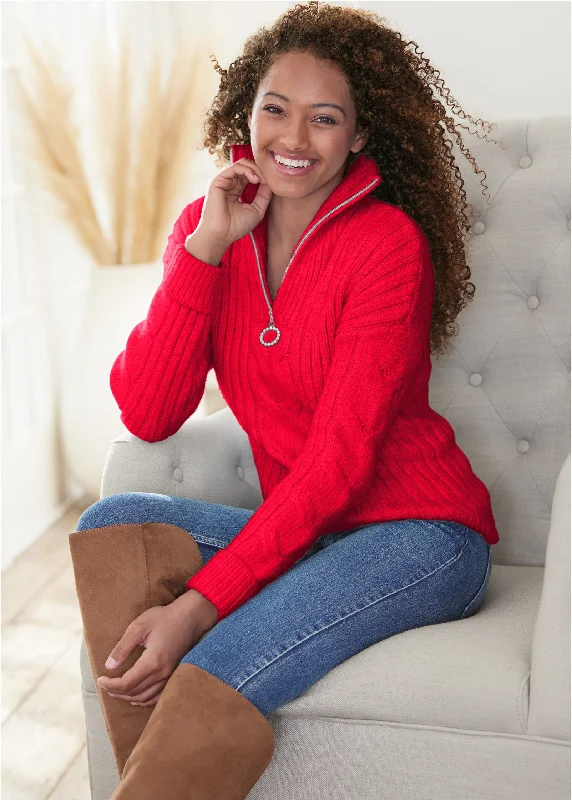 women's machine-washable dressesQuarter Zip Sweater - Red