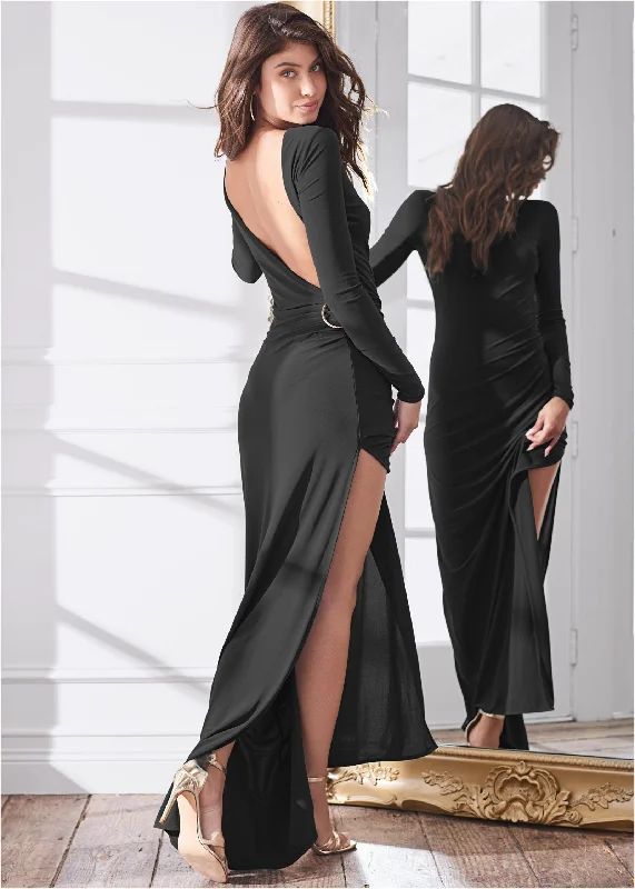 women's bespoke dressesPlunging Back Long Dress - Black