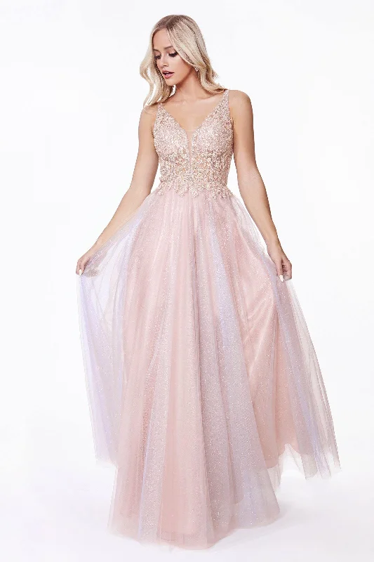 women's stylish dressesCinderella Divine AB198 Long Formal Sleeveless Beaded Lace Prom Dress