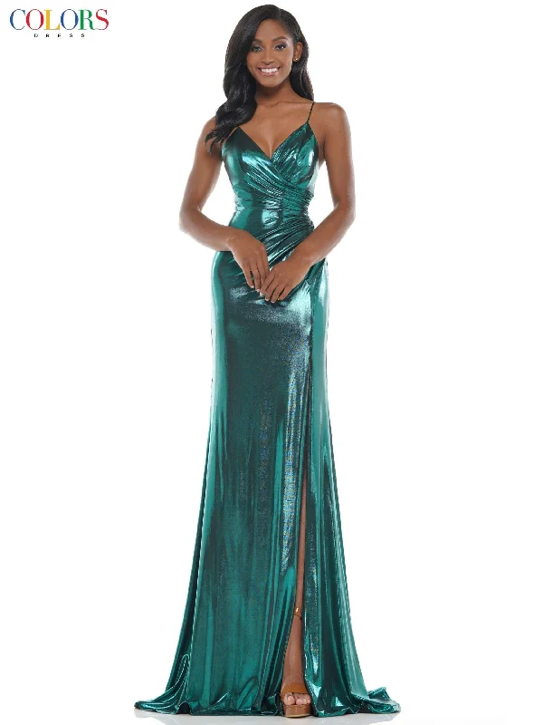 women's curve-hugging dressesColors 2635 Colors Long Spaghetti Strap Metallic Prom Gown