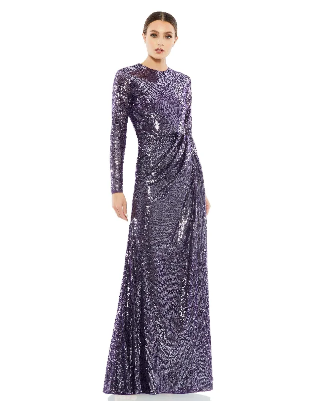 women's formal dressesSequined High Neck Long Sleeve Draped Gown